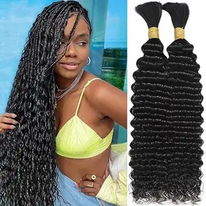 Human Braiding Hair for Boho Braids 110g 14 Inch Deep Water Wave Bulk Human Boho Hair for Braiding No Weft 12A Wet and Wavy Curly Human Hair Extensions Pack Natural Color