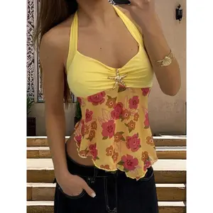 Women's Summer Halter Tank Tops Floral Print Sleeveless BacklessFit Mesh Vest