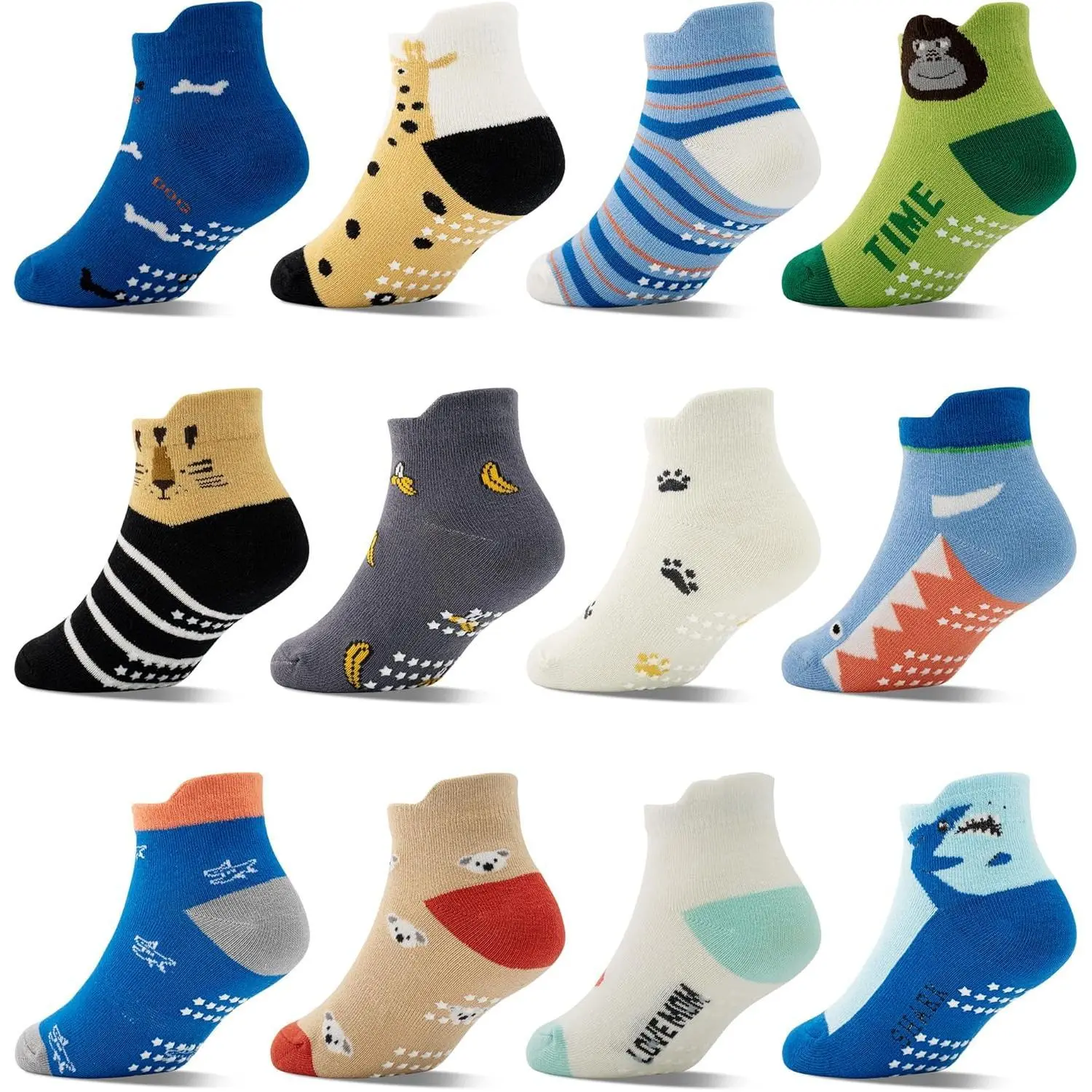 12 Pairs Unisex Breathable Cotton Ankle Toddler Socks with Grips, Non-Slip for 0-7 Ages Baby & Infant Children