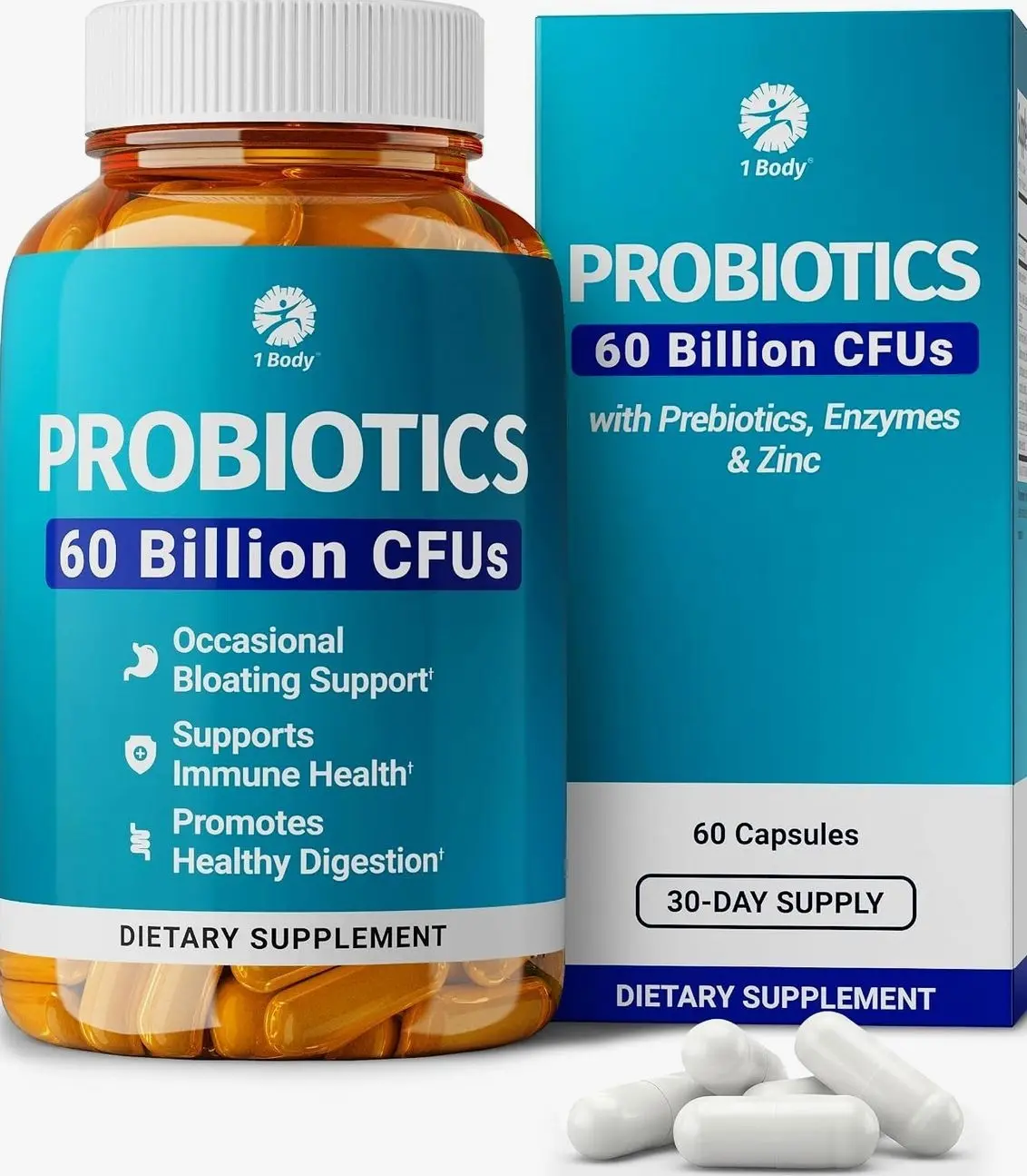 1 Body 60 Billion Probiotics for Men & Women, Gut Health for Men & Women with Prebiotics, Digestive Enzymes, Zinc & L-Glutamine, Supports Digestive Comfort, Non-GMO, 60 Vegan Probiotic Capsules