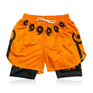 Anime Shorts Breathable - Orange Kyuubi Fabric Menswear Soft Athletic Customized Compression Layer Mesh Pocket