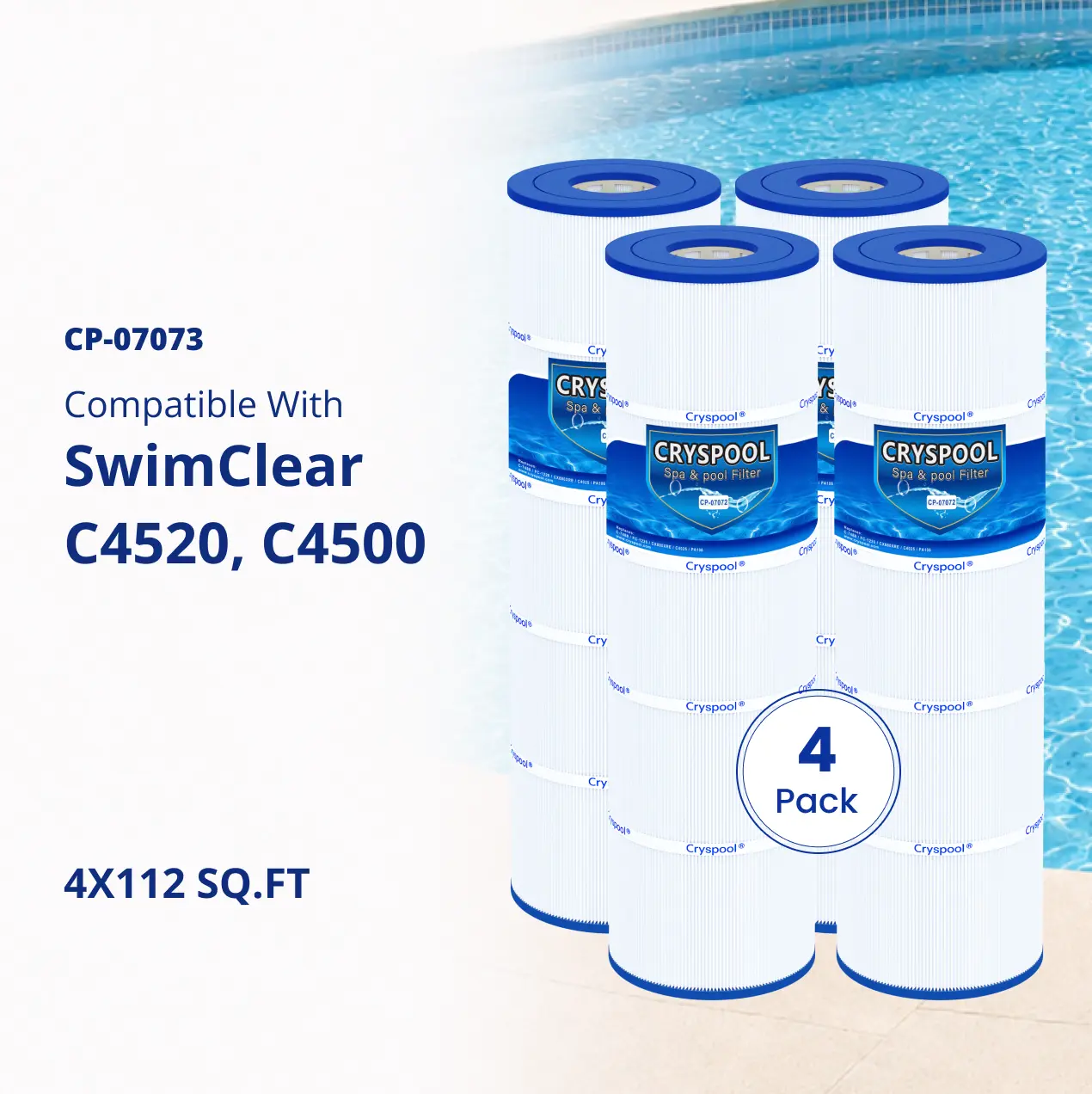 C4520 Polypropylene Trilobal Fiber Filter Compatible with Hayward SwimClear C4520, C4500, Replacement For CX875RE, C-7489, PA112, FC-1275,  Cryspool Pool Filter Cartridge, 4×112 Sq. Ft, 4 Pack,, No