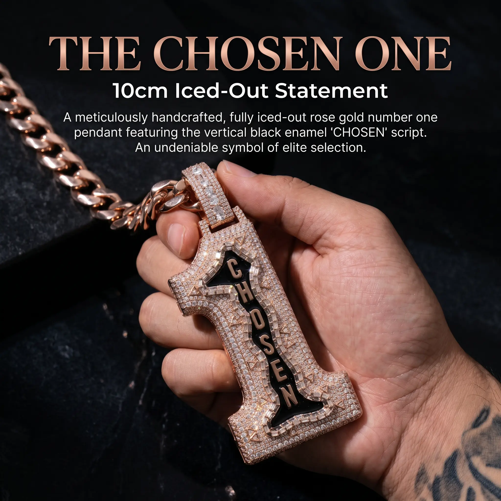 Chosen One Full Diamond Rose Gold Pendant, Premium Luxury Craft, Exclusive Winner Symbol, Unisex Jewelry for Party Gifting