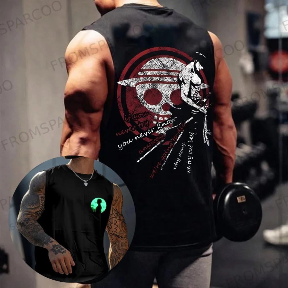 One Piece Anime Luffy Peripheral Printed Pure Cotton Tank Top2026 Fitness Men Loose Sporty Summer Fashion Top