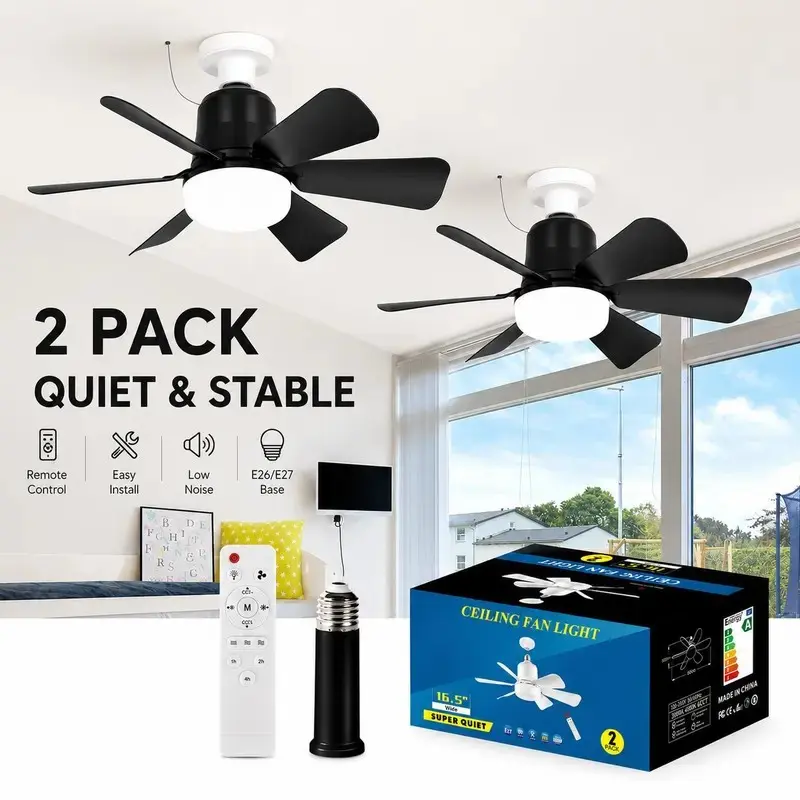 2-Pack 20.5" Socket Ceiling Fan Light with LED Home Ceiling Lighting, Quiet Variable-Frequency Motor, Adjustable Airflow Mode, Remote Control, Bedroom & Garage Fixture