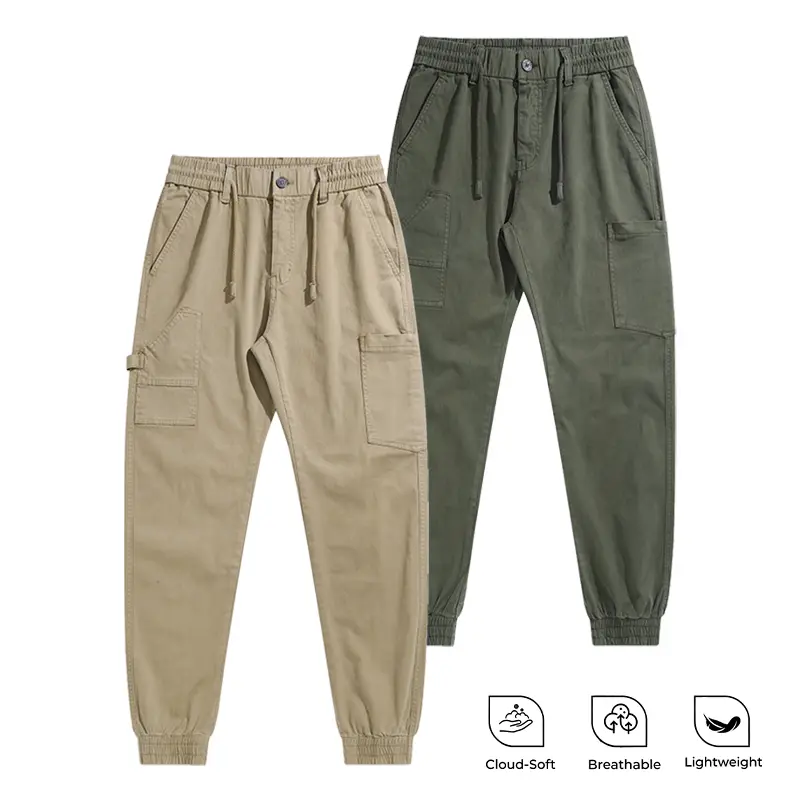 Men's Cotton Blend Cargo Jogger Pants (2 Pack) - 97% Cotton 3% Spandex, Stretchy Moisture-Wicking Breathable, Elastic Waist with Drawstring, Tapered Ankle, Multi-Pockets, Ideal for Casual Work Outdoor Use