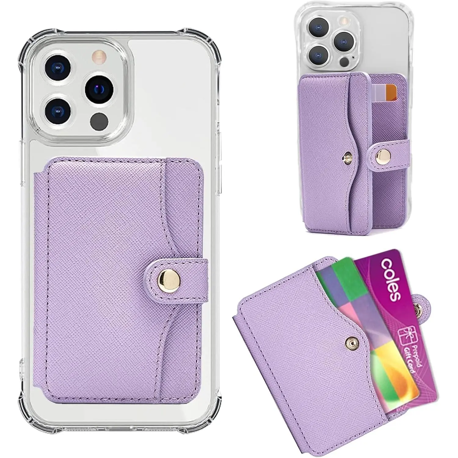 Card Holder, Phone Wallet Stick on with Slim 3M Sticker Match  14 Pro Case and  Smartphones (Lavender)