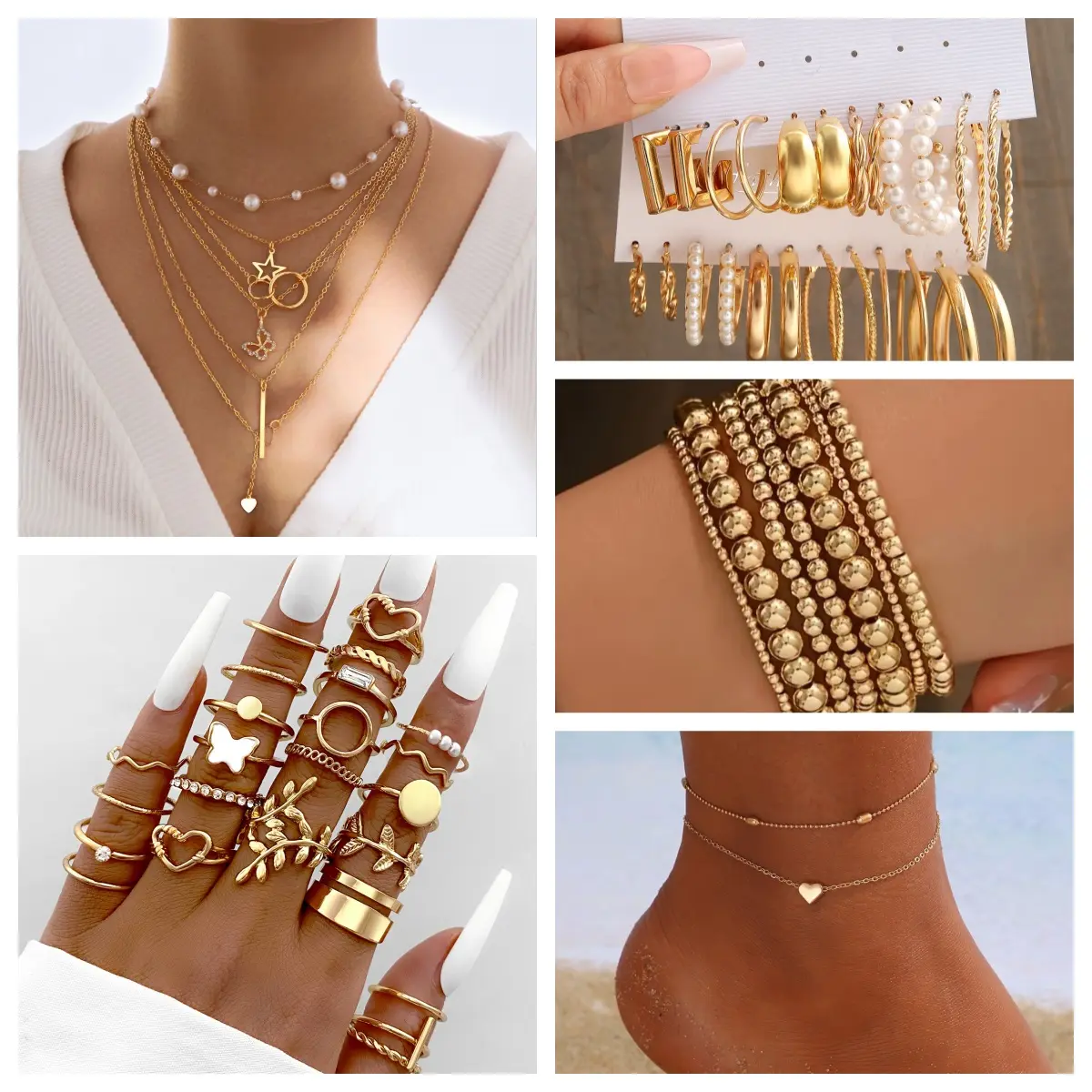 【37 pcs of Jewelry Set】trendy jewelry set 4 pcs of Pendant Necklace + 24 pcs of Earring + 7 Bracelets + 2 Anklet,Gold Plated Jewelry Set for Women Girls Valentine Anniversary Birthday Friendship Gift, Faux Pearl Design, Heart Design, Butterfly Design