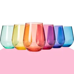 European Style Crystal Stemless Wine Glasses Set of 6 - 16oz, Unbreakable Colored, BPA-free Plastic, Reusable, All Purpose Glassware