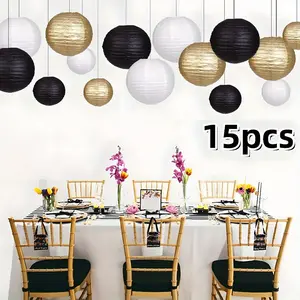 Set of 15 Paper Lantern Decorations - with 1 roll of fishing line, Elegant Hanging Round Lanterns for Weddings, Bridal Showers, Parties, And Engagements - No Electricity Needed|Paper Crafts, Wedding, Christmas, Halloween Decorations