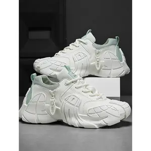 Men's Colorblock Lace Up Side Zipper Sneakers, Casual Comfortable Breathable Sports Running Shoes, Male All-match Round Toe Chunky Sneakers for Daily Wear, Trainer, Athletic Shoes