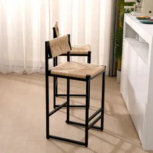 Honey Bar Stools Set of 2 Paper Rope Weave Dining Chairs with Back Hand Weave Stools for Kichen Island, Bar & Counter