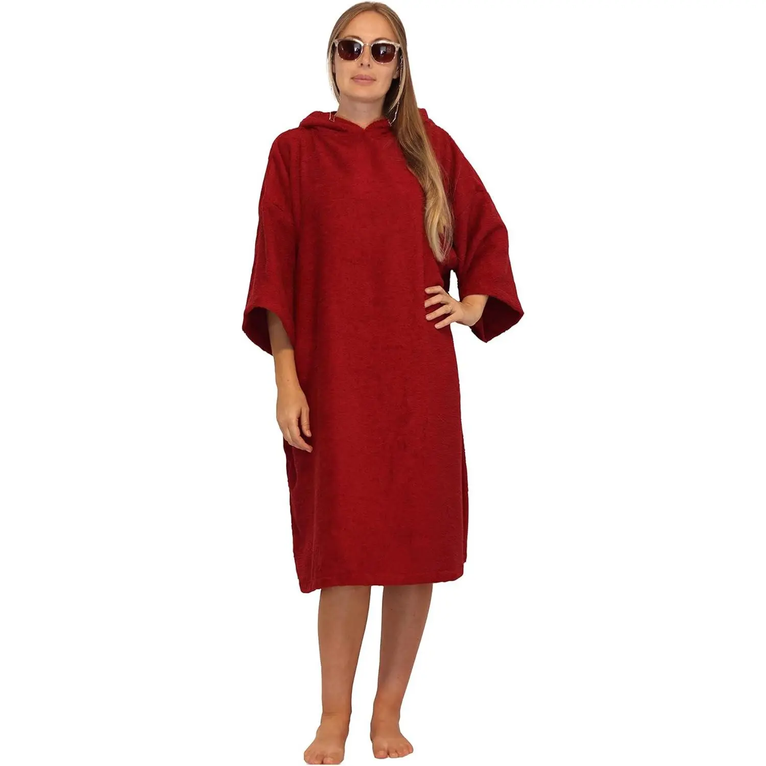 Unisex 100% Terry Cotton Soft Bathrobe - Red/Charcoal SM Size Fabric Coat, Quick-Dry Hooded Towel Poncho with Pockets, Casual Outdoor Wetsuit Changing Robe