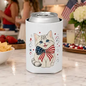 Patriotic Kitten Can Cooler | American Flag Bow, 4th of July BBQ Accessory