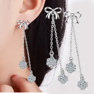 Earline women's simple long bow earrings, Japanese and Korean style temperament Rubik's cube zircon earrings, earrings, copper Korean version, Korean style