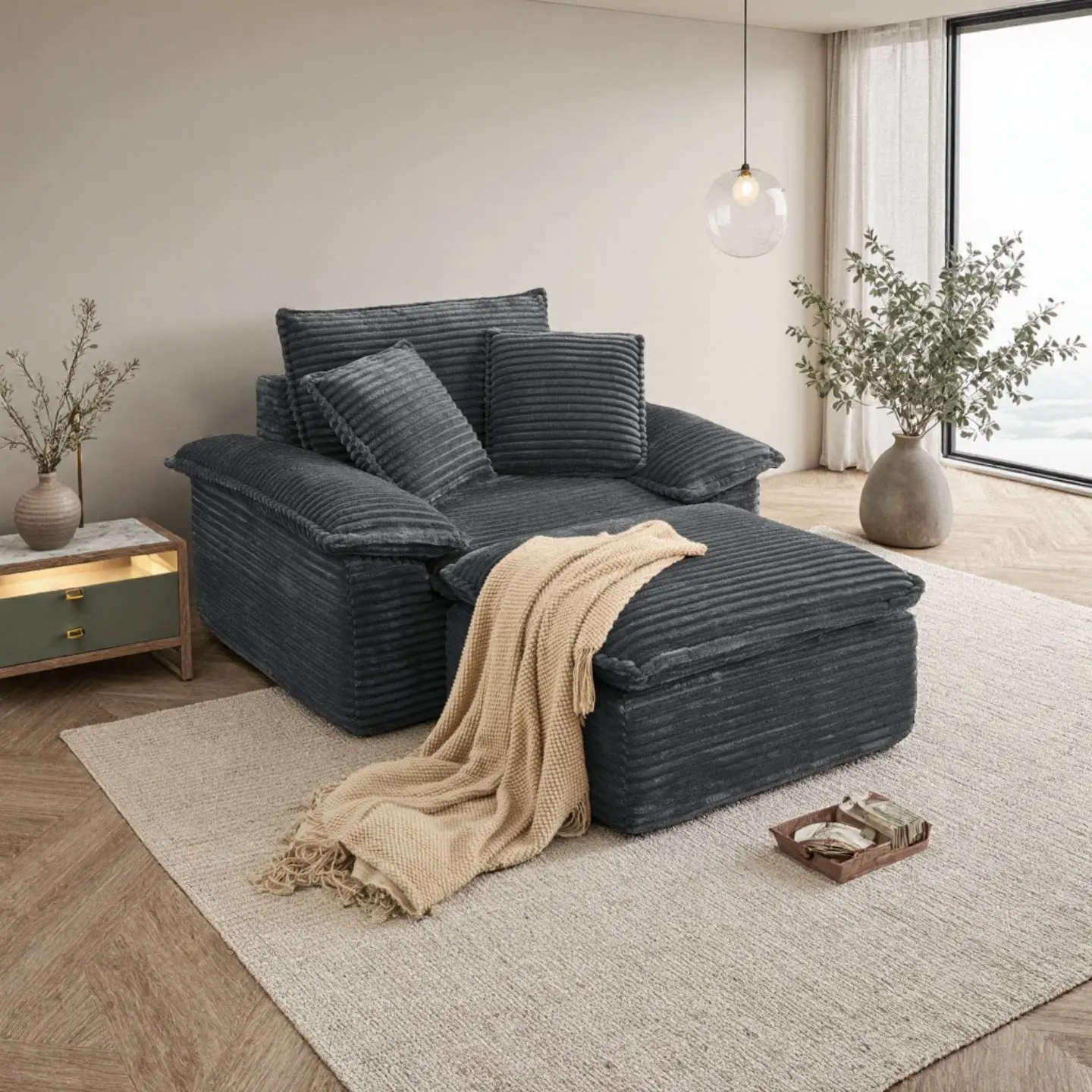 Oversized Corduroy Chaise Lounge Sofa with Removable Ottoman Multifunctional Design Comfortable Reading Armchair for Living Room & Bedroom High-Quality Double-Layer Seat Cushion