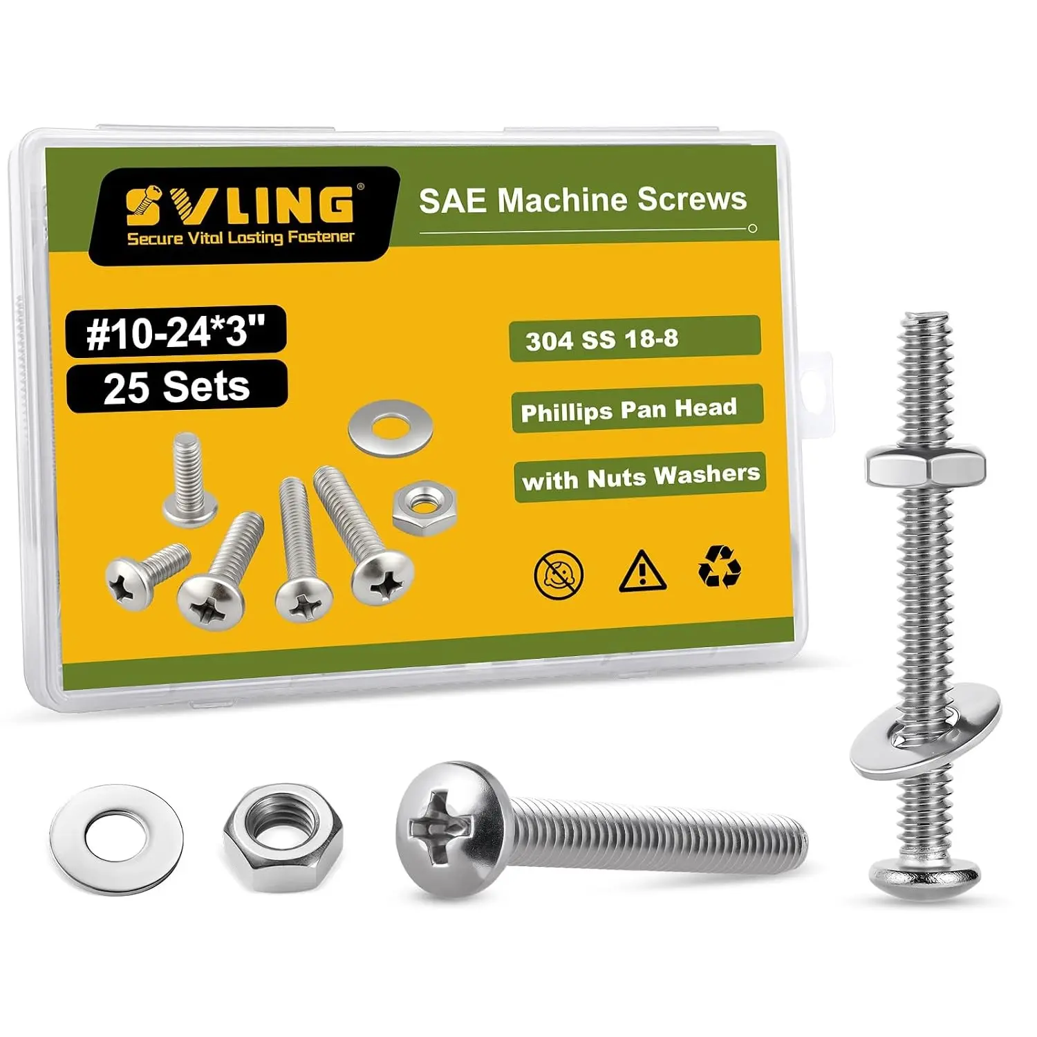 #10-24 x 3 Pan Head Machine Screws Nut Bolt Washer Assortment Kit,(25 Sets) 304 Stainless Steel 18-8 Phillips Drive Full Thread Assorted