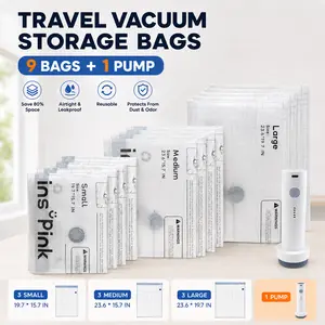 Cordless Travel Vacuum Bag Set 9 Pack in 3 Sizes Compression Bags for Carry-On Suitcases 140L/Min USB Rechargeable Handheld Pump with Built-In Battery Space Saver for Clothes & Packing Travel Vacuum Bag
