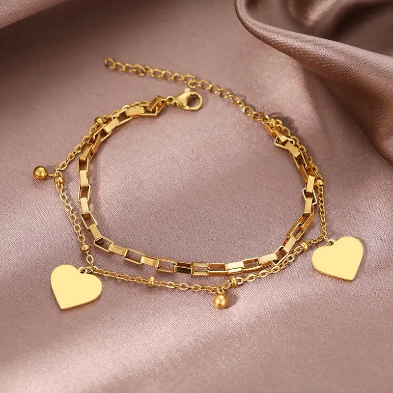 Stainless Steel Heart Charm Bracelet with Gold Color Finish and Delicate Chain Design for Women