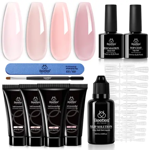 Beetles Cosmetic Acrylic Extension Gel Nail Polish Kit for Adults - Pink/Nude/Shimmer Builder Gel, Soak-Off UV Manicure Set, 48 Nail Molds, 4-Color Relaxing Bath Add-On for DIY French Tips