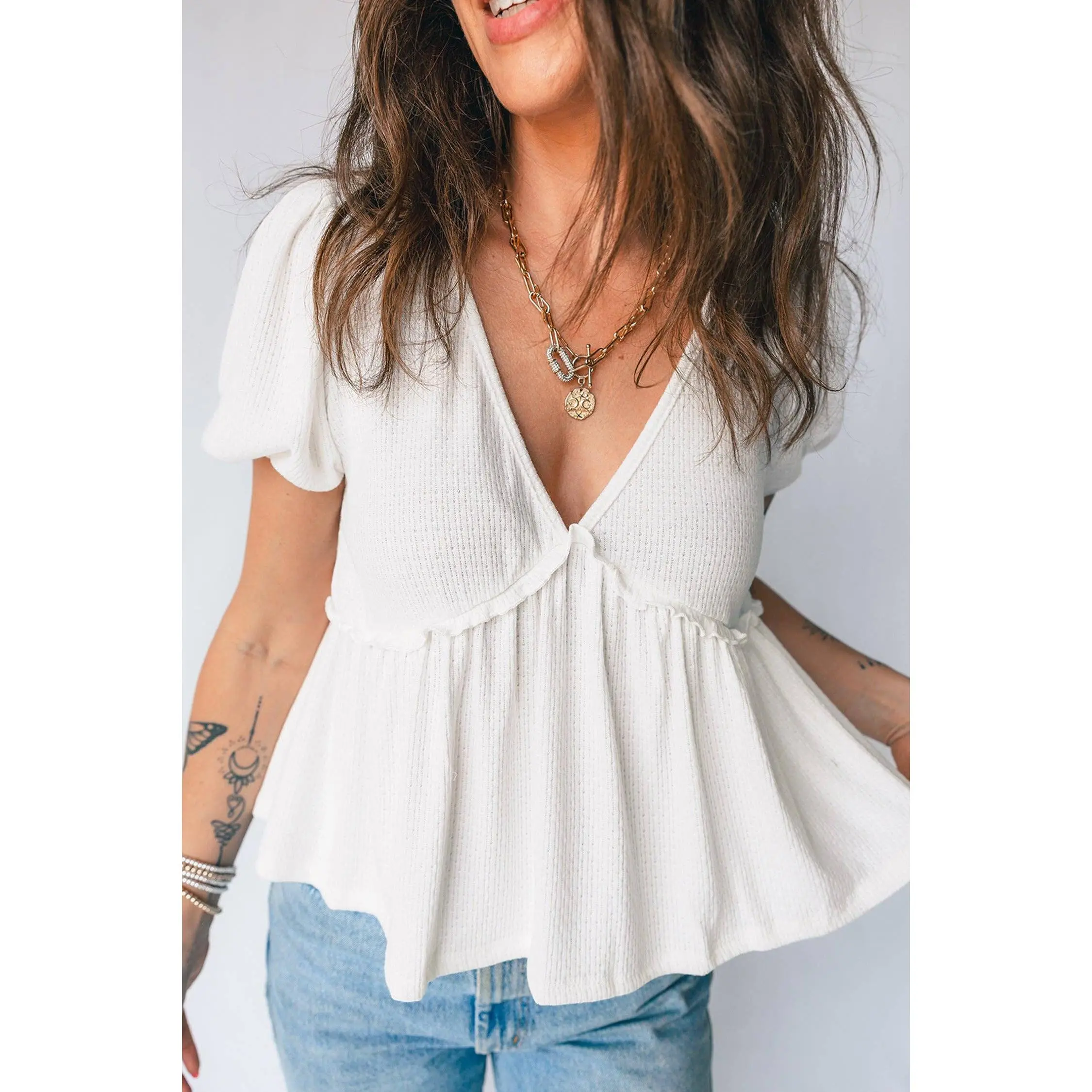 Floral Bow Tie Back Bubble Sleeve Peplum Top: White