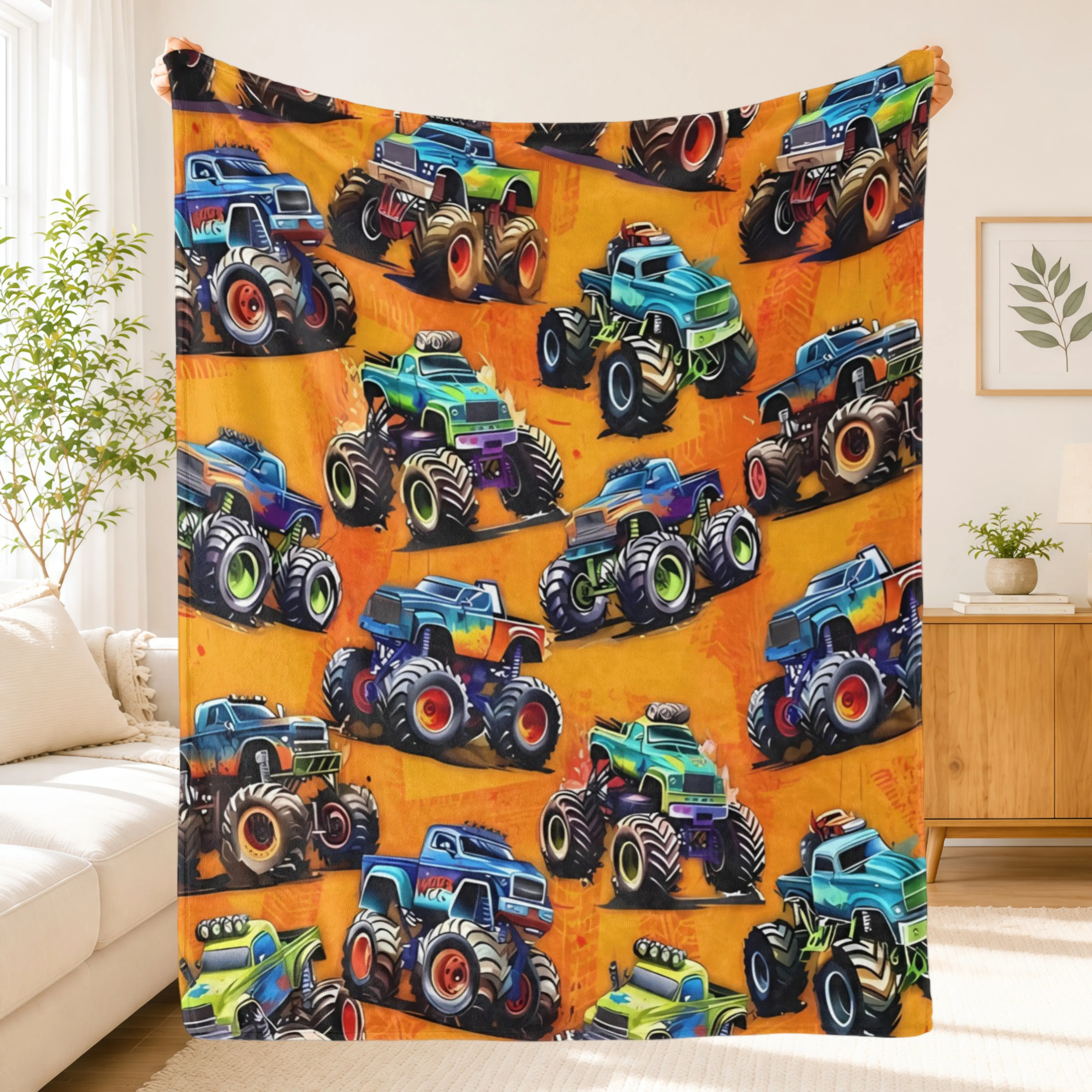 Soft Cartoon Monster Truck Flannel Throw Blanket,Big Wheel Racing Truck Print Blanket for Bed Couch Sofa Bedroom Playroom Decor,Cozy Car Lover Birthday Christmas Gift for Kids Boys