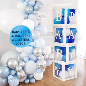 82PCS Baby Shower Decorations For Boy Kit - Jumbo Transparent Baby Block Balloon Box Includes BABY, White Gray Baby Blue Balloons, Gender Reveal Decor 1st Birthday Party Backdrop Magical