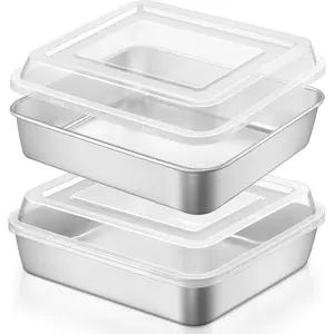9 x 9 Inch Square Baking Pan, 2 Pack Stainless Steel Square Cake Pan Set with Lid, Metal Bakeware for Bread Lasagna Brownie, Dishwasher Safe & Easy Cleaning (2 Pans + 2 )