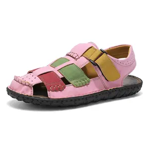 Men & Women’s  Closed Toe Leather Sandals Adjustable Strap Hand-Stitched Boho Casual Outdoor Comfort Walking Shoes for Summer - Boy, Parent Footwear