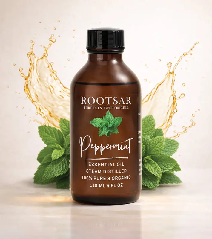 Rootsar 100% Pure Peppermint Oil (4 fl oz/118mL) - Cooling Aromatherapy Oil for Diffuser, Work Use, Post-Sports Reset, Adults & Youth Self-Care Support
