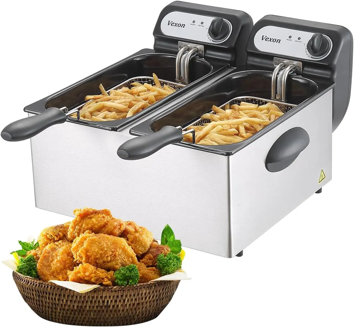 3000W Deep Fryer with Basket, Stainless Steel Electric Deep Fryer with 2 Baskets & Lids, Large Capacity 2X3L Double Fryer, Countertop Kitchen Frying Machine with Temperature Control, Deep Fryer with Basket for Home Use