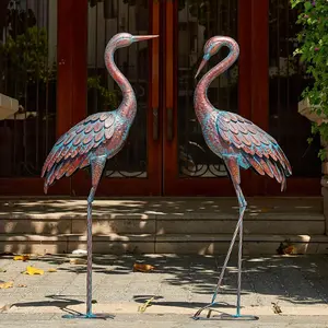 Garden Crane Statues Patina Heron Decoy, Standing Metal Crane Sculptures Bird Yard Art for Outdoor Decor, -48 Inch, Set of 2