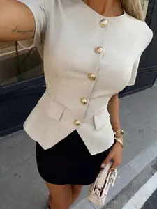 Women's Casual Metal Button Fashion Coat, Stylish Outerwear for Everyday Wear, Trendy Jacket with Unique Metallic Buckles