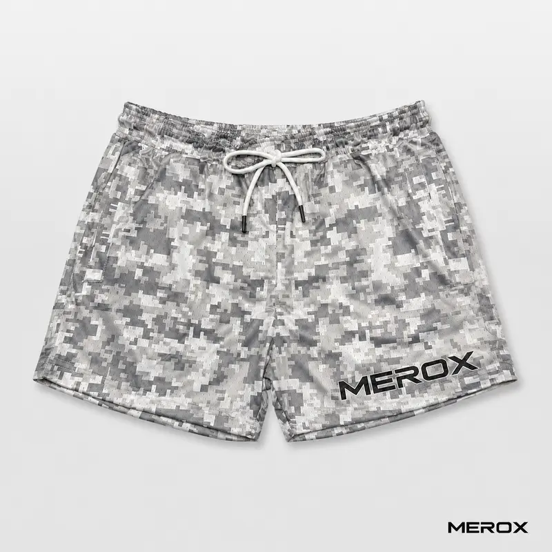 MEROX Digital Camo 5-Inch Mesh Shorts for Men & Women, Unisex White & Gray Snow Camo Gym Workout, Running & Basketball Shorts with Breathable Mesh, Zipper Pockets & Drawstring Waist