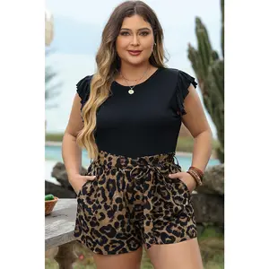 Brown Plus Size Leopard Shorts and Ruffle Sleeve Tee Set