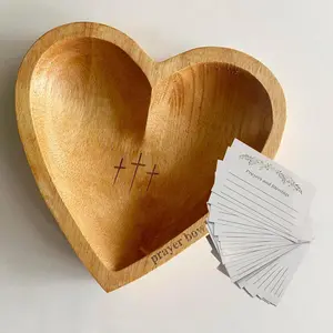 Handcrafted Wooden Heart-Shaped Prayer Bowl with 24 Prayer Cards & Cross Pattern | Religious Home Decor for Living Room, Bedroom, Church | Christian Gift for Easter, Christmas, Wedding, Valentine‘s Day