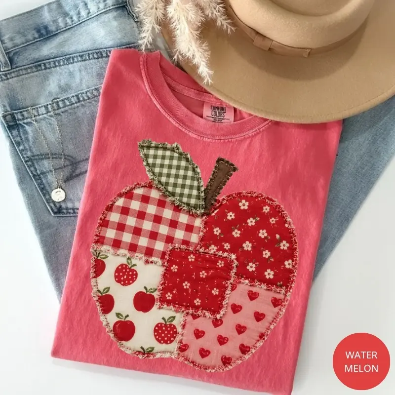 [PRINT]Comfort Colors Patchwork Teacher Shirt, Spring Teacher Teams Tee, Back to School Apple T-Shirt, Teacher Appreciation Gift for New Teacher