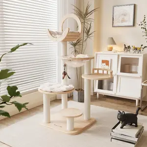 57in Modern Transformable Solid Oak Cat Tree with 4 Setups -Large Cat Tower for Multi-cat Families