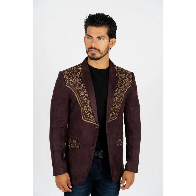 Platini Men's Brown Embroidered Suede Blazer