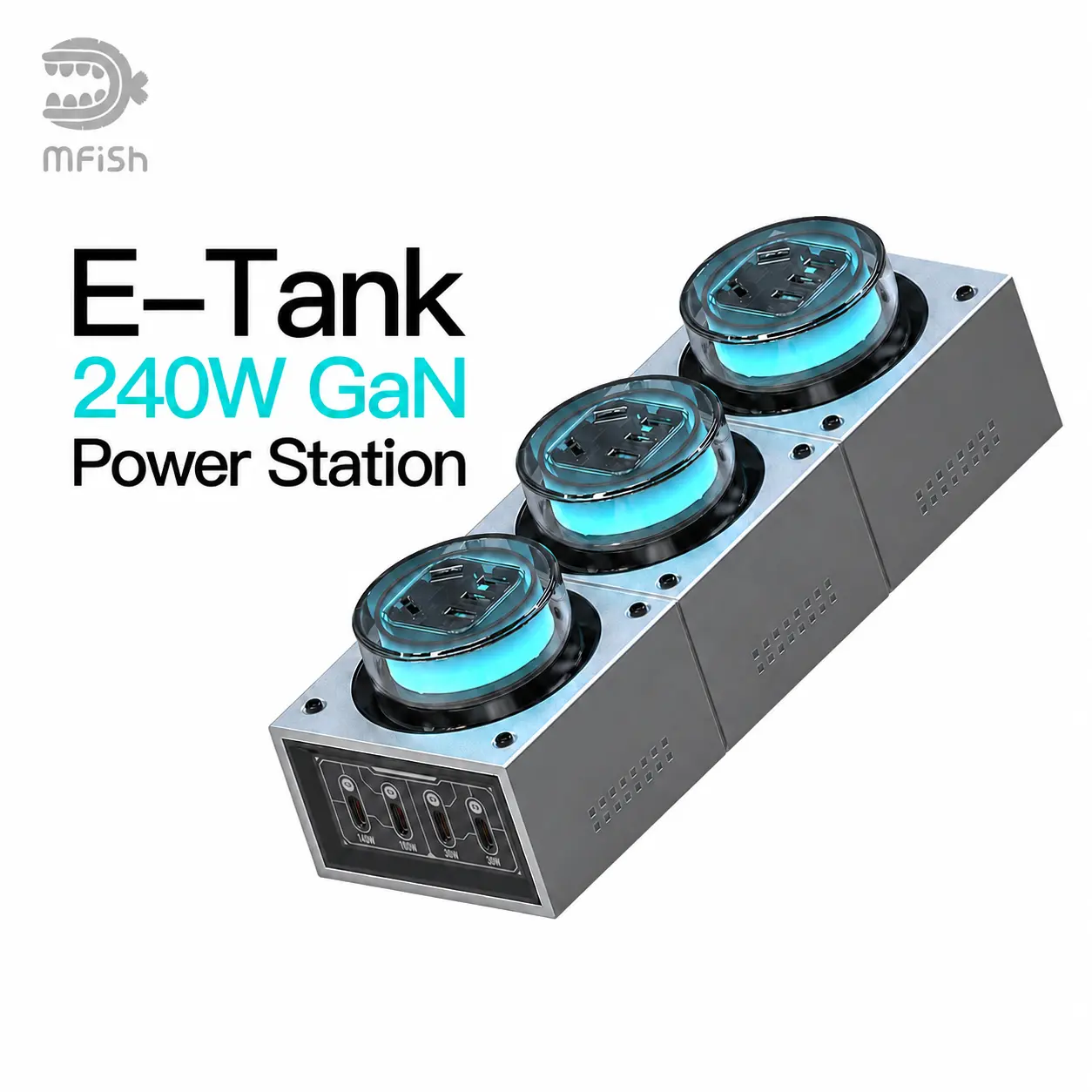 mfish E-Tank 7-in-1 GaN Desktop Charger - 240W High-Output USB-C Fast Charging, 1250W AC Power Hub, 4 Ports, 3 AC Outlets Ready, Color Changing RGB Light, for Cellphone, USB Smartphones, Charger for iPhone, Gaming Gear