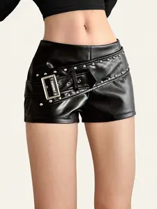Women's Plain Artificial Leather PU Rivet Snap Button Slim-Fit Low Waist Shorts, Street Vintage Fashion for All Seasons, Casual Fitted Shorts