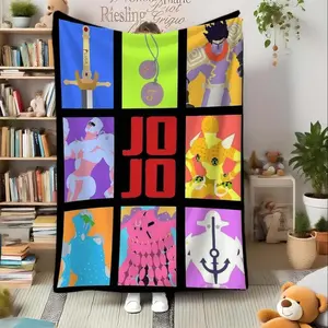Jojo's Bizarre Adventure Flannel Blanket, Grid Patchwork Design, Anime Culture, Perfect For Air-Conditioned Rooms, Home, Office, Travel Use,Christmas Gift,Halloween Gift,Birthday Gift