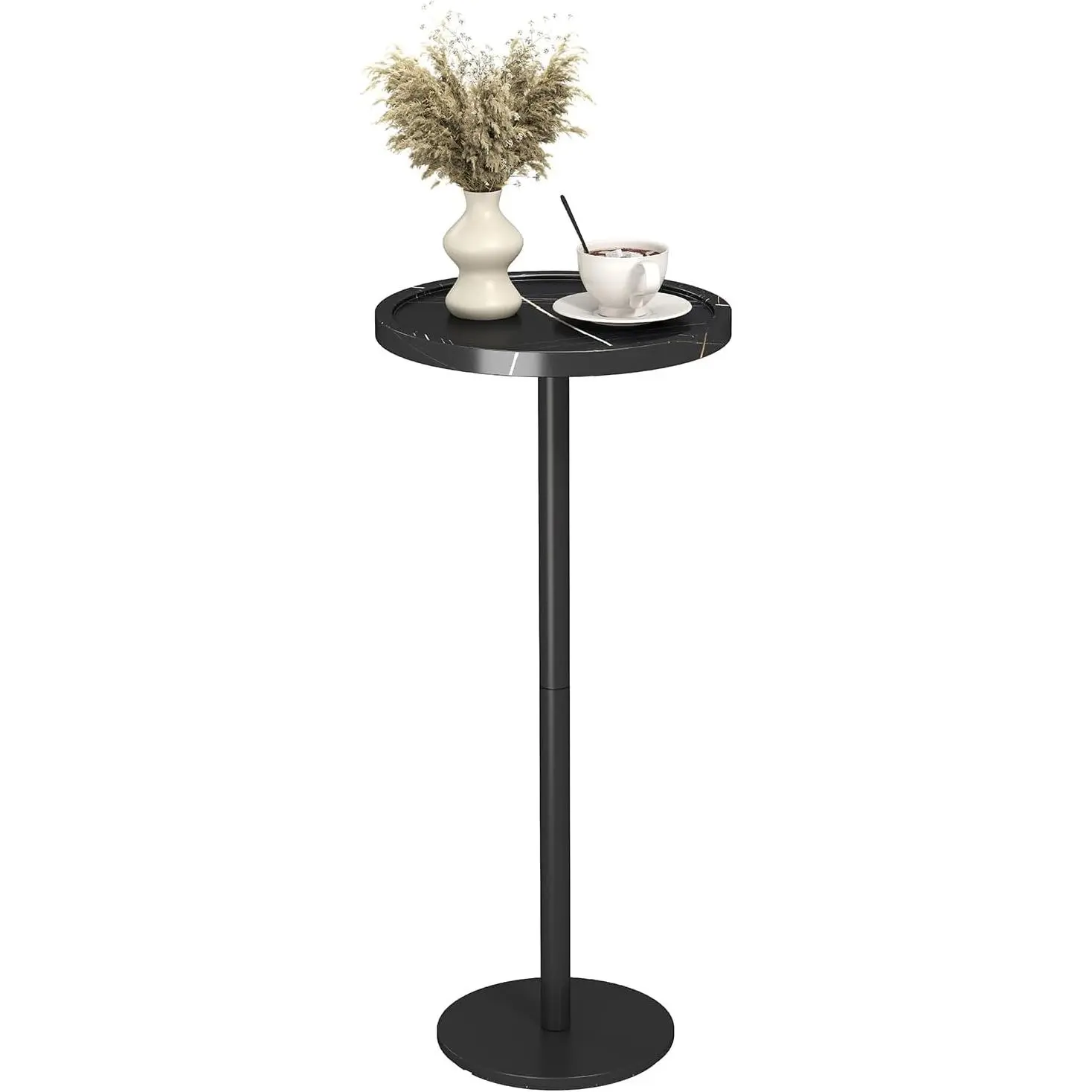Faux Marble Black Small Pedestal Table - 11 in Dia. Round Metal Base Piece for Living Room, Small Spaces (Cocktail, End Table Functions)