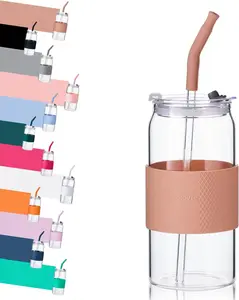 20oz Amber Color Glass Tumbler (1pc) with 3-in-1 Lids, Glass Straws (Extra Silicone Tips), Silicone Protective Sleeve, Drink Container for Iced Coffee, Hot Tea