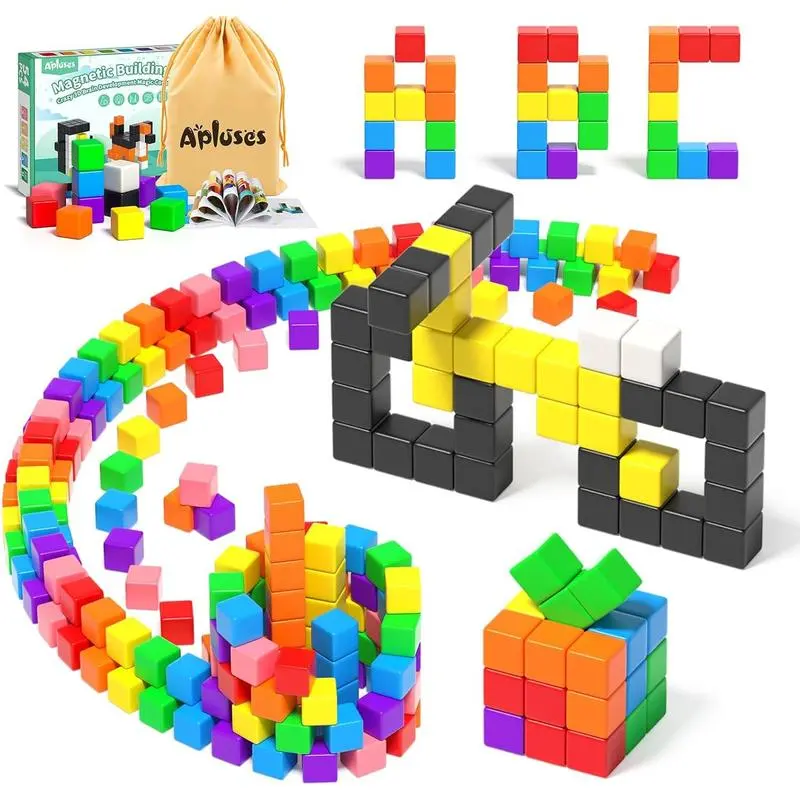 Apluses 54PCS Large Colorful Waterproof ABS Plastic Magnet Cube Set, Montessori STEM Science Educational Language Toy, Unisex Sensory Gift Ideas for Kids Toddlers 3+ Years with ASMR Sound, Baby Toddler Friendly Toy, Safe Non Toxic Material