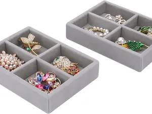 Small Jewelry Tray, 2PCS Ring Organizer, Velvet Jewelry Display Tray, Stackable Jewelry Organizer Trays, Jewelry Drawer Organizer Inserts For Dresser, Jewelry Box (Gray) Set Earring