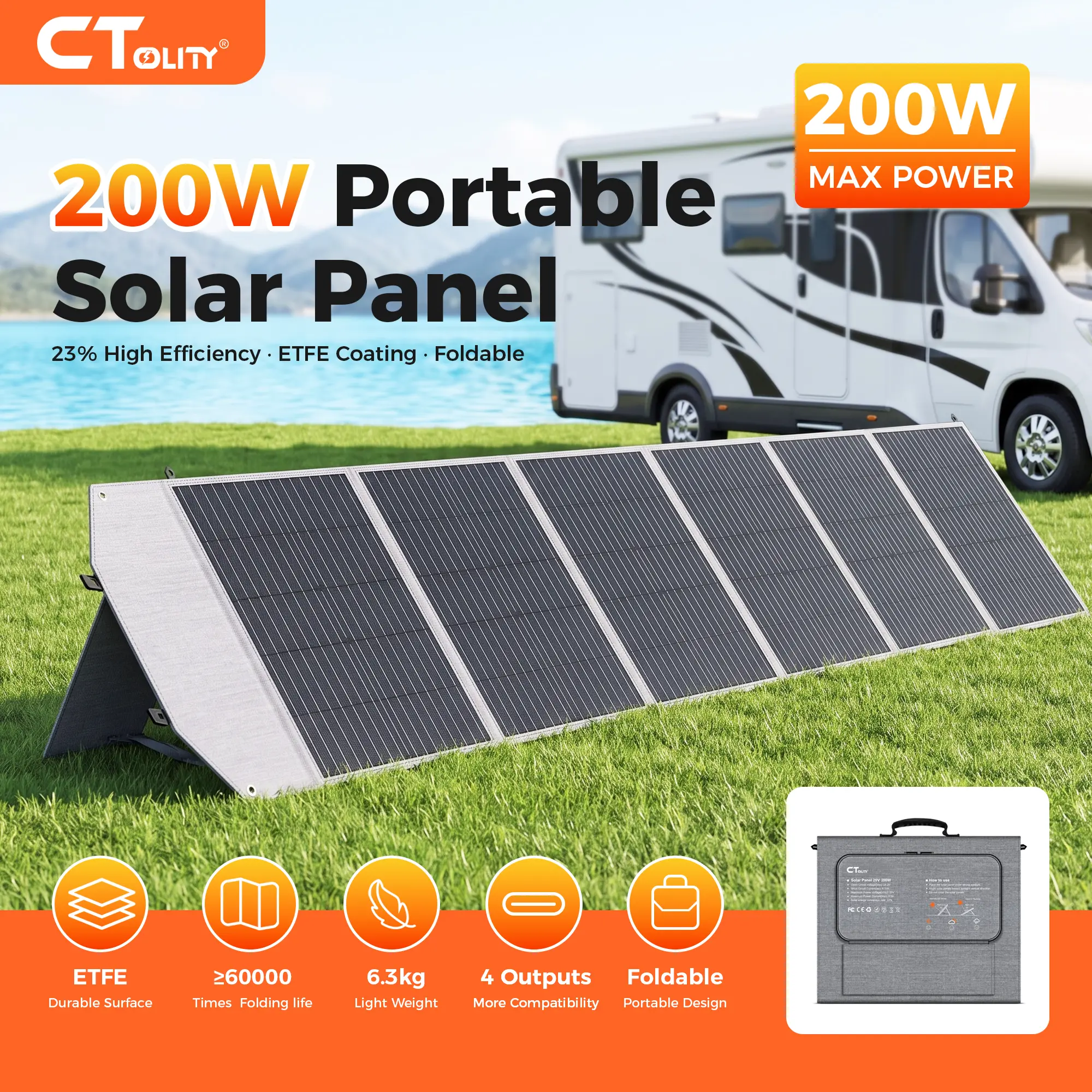 CTOLITY SP200 Foldable 200W Solar Panel, High Efficiency Portable Solar Charger with 45W USB-C Fast Charging, XT60 & MC4 Output, Waterproof RV Camping Power Supply for Outdoor Adventures & Emergency Backup