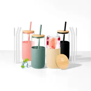 Set of 4 20 oz glasses with lids and straws (includes silicone straw and silicone drinking straw, cup brush and glass brush) - Iced coffee and smoothie cups with silicone sleeves | BPA-free, dishwasher-safe | Reusable glasses