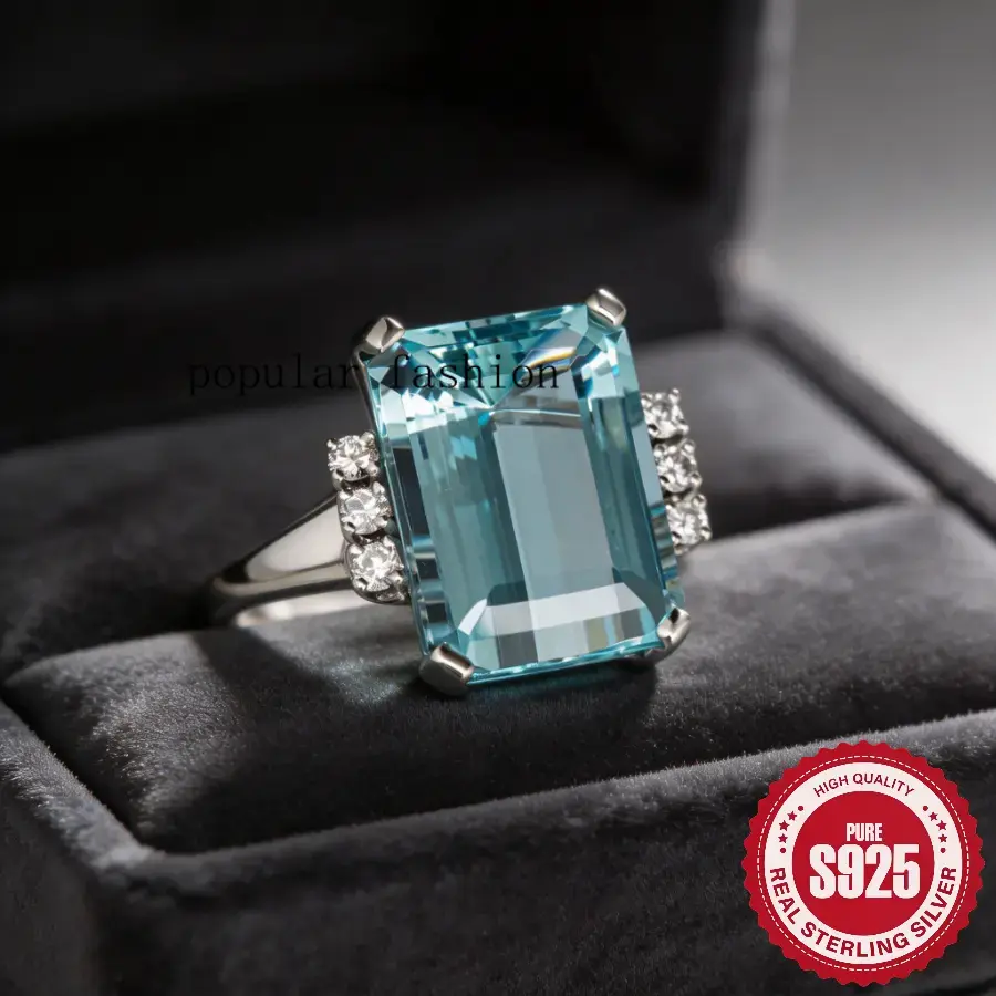 popularS925 Sterling Silver Birthstone Ring - Emerald Cut Aquamarine, Side Step Cut Crystal Accents, Unisex Colored Gemstone/Cubic Zirconia Ring for March Birthdays & Everyday Wear, Birthstone Rings, Crystal Rings