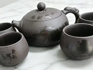 Steed Pattern Zisha Tea Set | 1 Teapot + 4 Cups